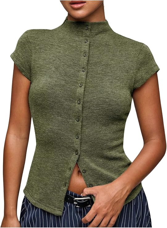 Milumia Women's Cap Sleeve Knit Top Mock Neck Button Down Slim Fit Casual Sweater Tops | Amazon (US)