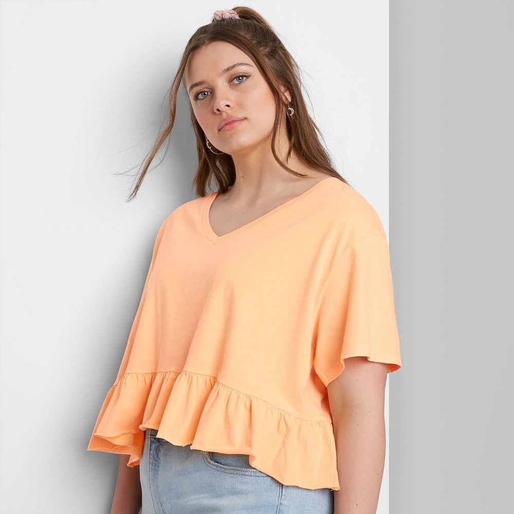 Women's Plus Size Short Sleeve V-Neck Peplum Cropped T-Shirt - Wild Fable Blush Peach 3X, Blush Pink | Target