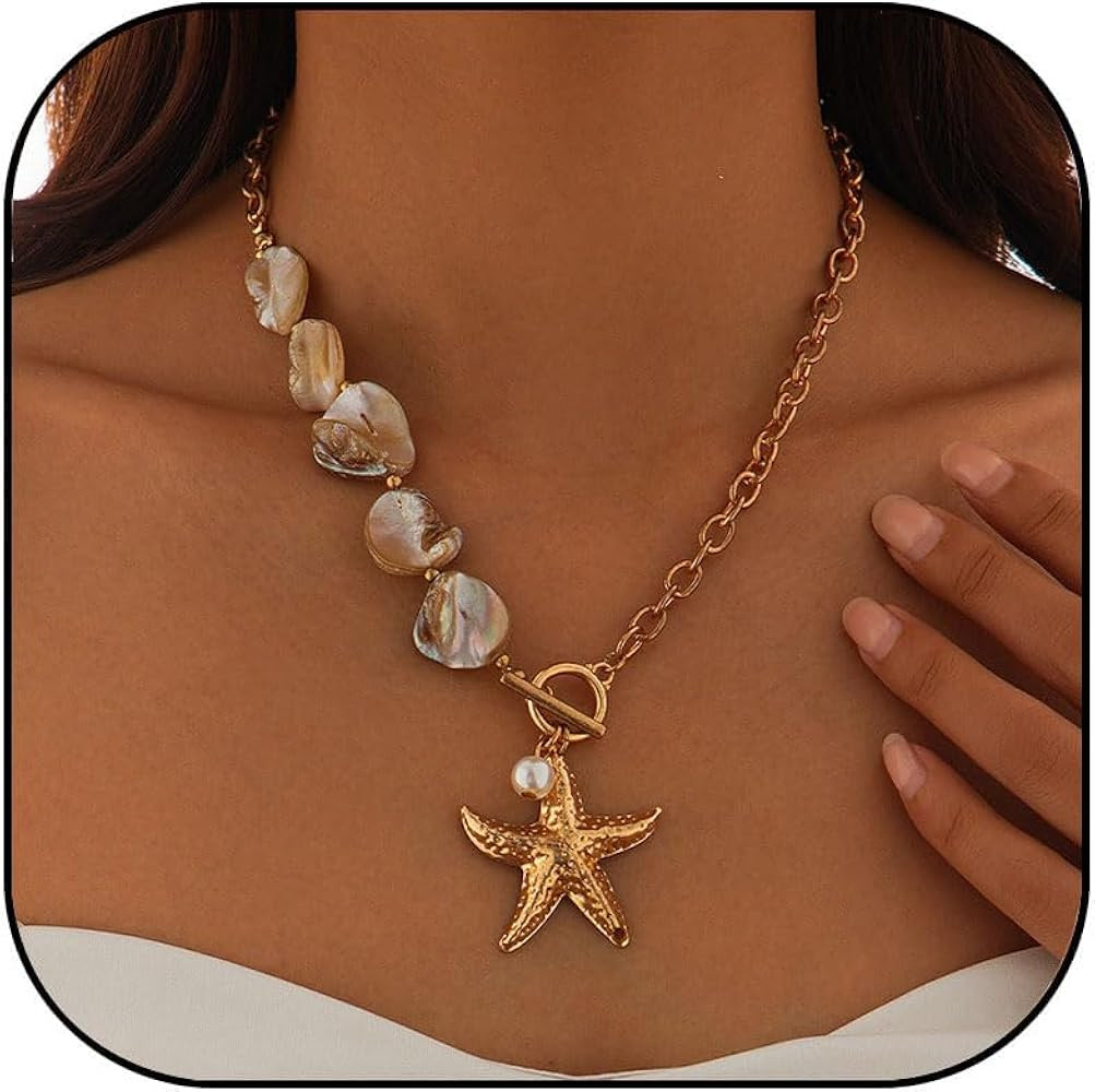 Gold Shell Starfish Necklace for Women Pearl Shell Necklace Layered Beaded Starfish Necklaces Sum... | Amazon (US)