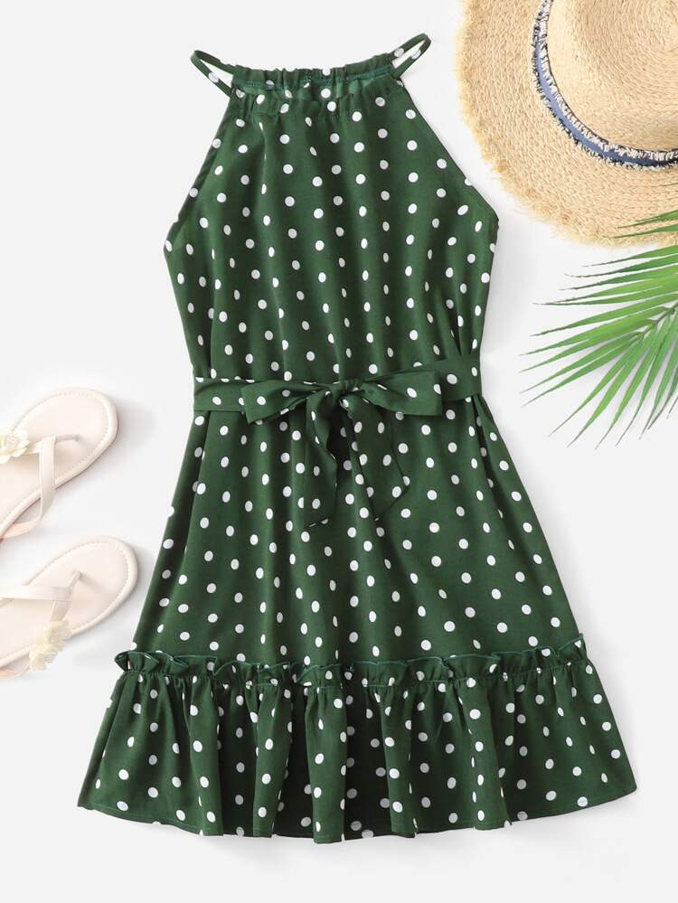 SHEIN Girls Polka Dot Frill Trim Belted Dress | SHEIN