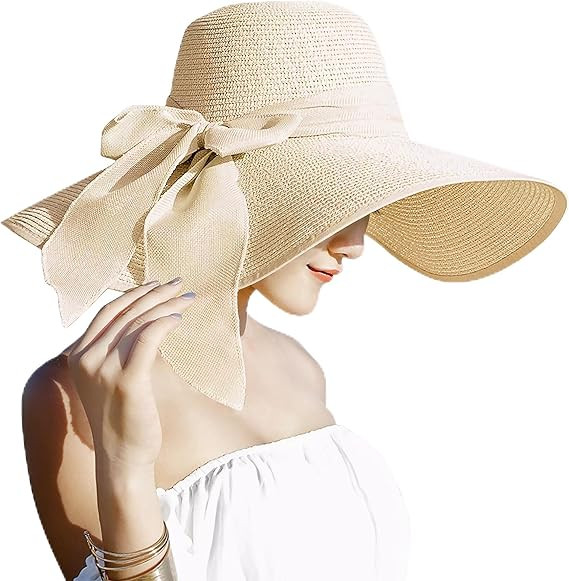 Lanzom Womens 5.5 Inches Big Bowknot Straw Hat Large Floppy Foldable Roll up Beach Cap Sun Hat UP... | Amazon (US)