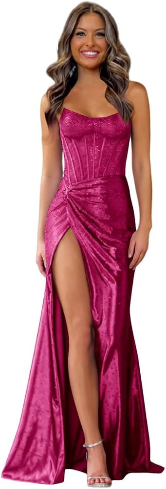 Strapless Sequin Prom Dresses Long for Women with Slit Mermaid Party Evening Dresses | Amazon (US)