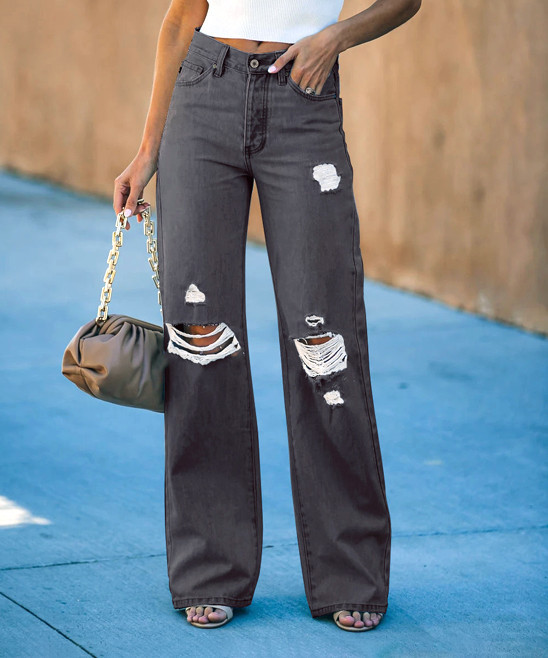 Coeur de Vague Women's Denim Pants and Jeans Black&Gray - Black & Gray Distressed Wide-Leg Jeans - W | Zulily