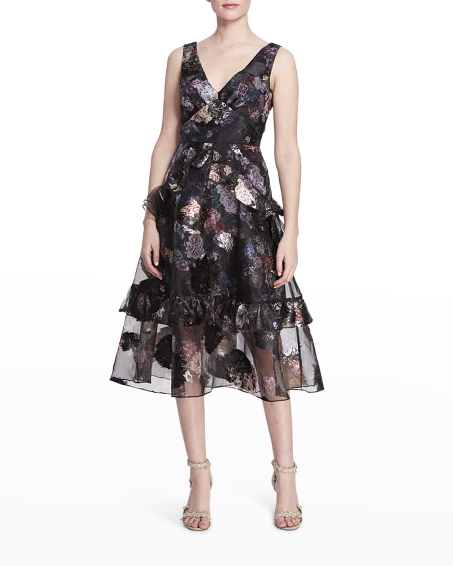 Marchesa Notte V-Neck Floral-Print Ruffle-Tiered Dress | Neiman Marcus