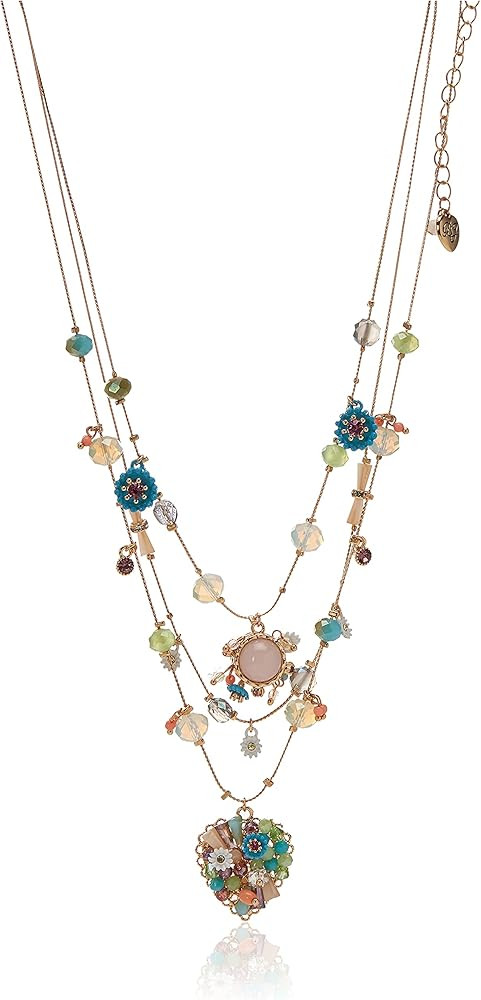 Betsey Johnson Woven Mixed Multi-Colored Bead Flower Heart Illusion Necklace | Amazon (US)