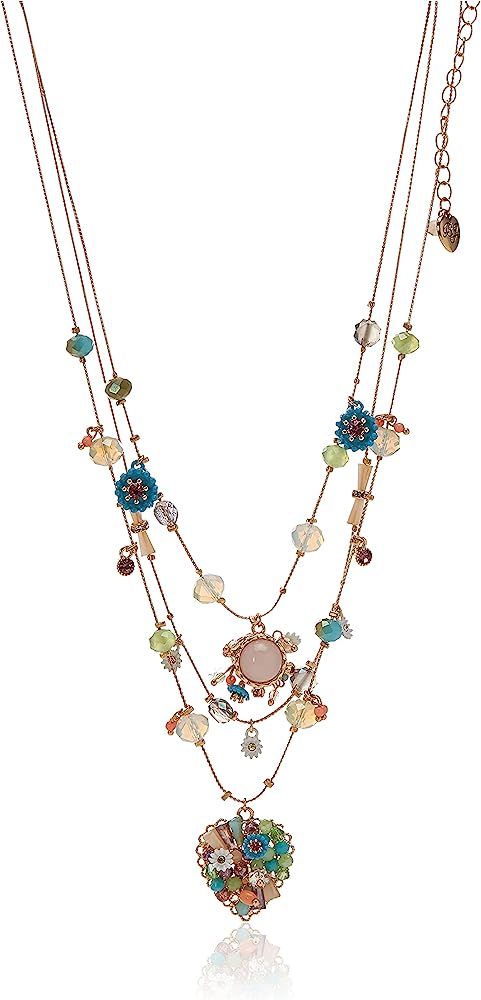 Betsey Johnson Woven Mixed Multi-Colored Bead Flower Heart Illusion Necklace | Amazon (US)