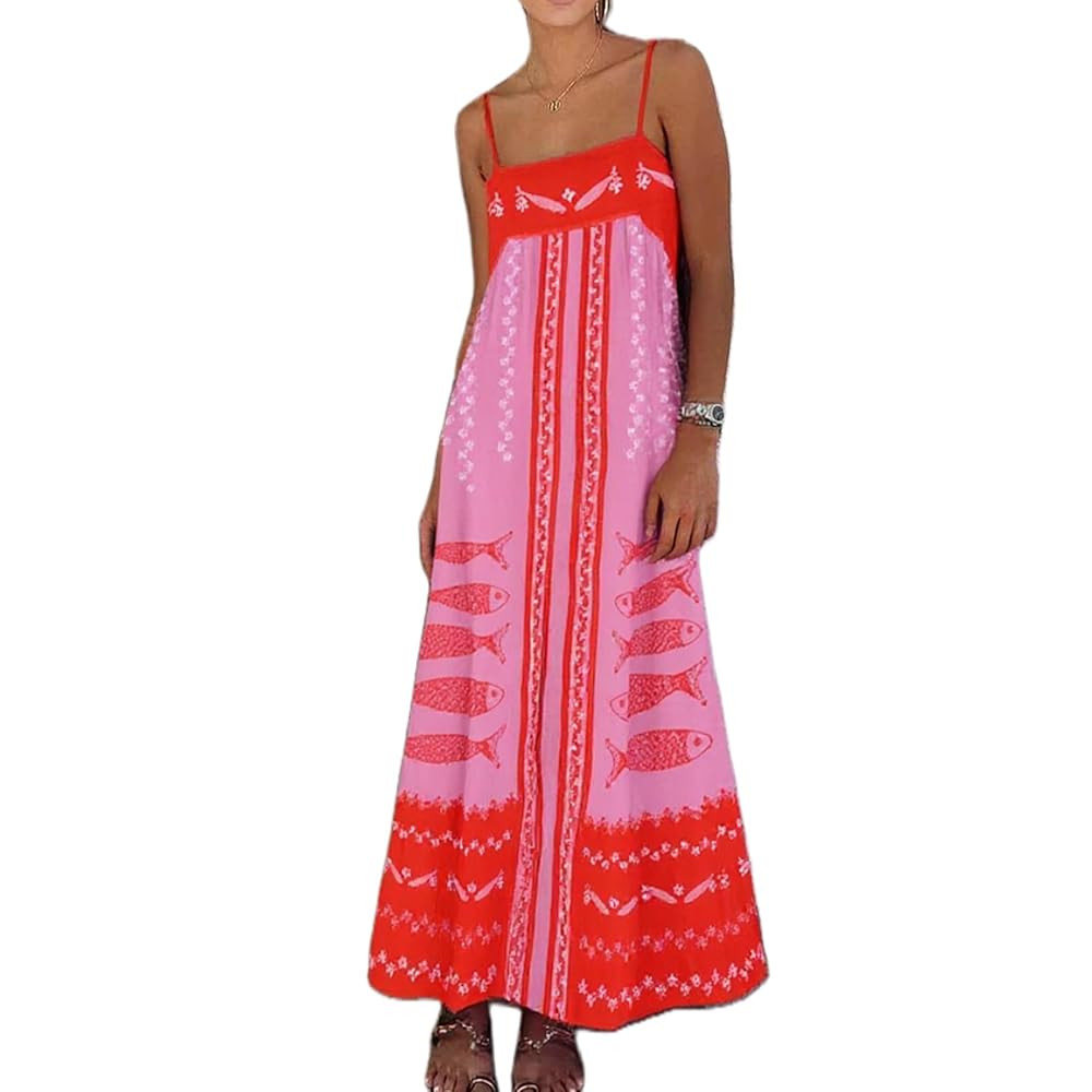 Awoscut Women Boho Cami Long Dress Pink Fish Spaghetti Strap Suspender Maxi Dresses Summer Beach ... | Amazon (US)