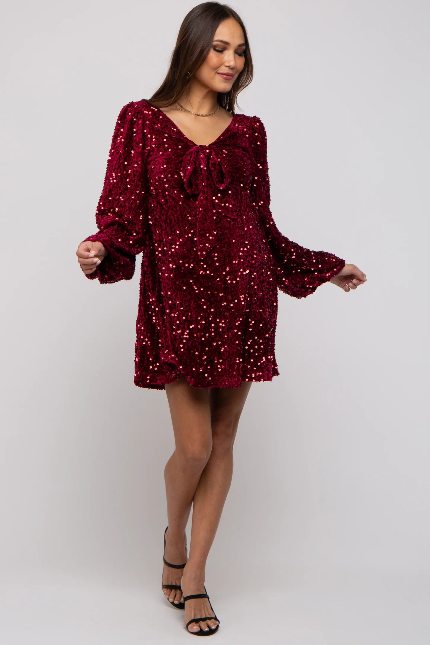 Burgundy Sequin Velour Front Tie Maternity Mini Dress | PinkBlush Maternity