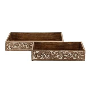 Brown Mango Wood Decorative Tray with Carved Sides (Set of 2) | The Home Depot