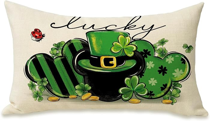 Pycat St Patricks Day Lumbar Decorative Rectangle Pillow Cover 12 x 20, Lucky Shamrock Clover Por... | Amazon (US)
