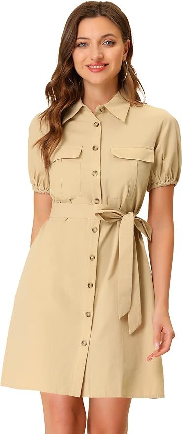 Allegra K Women's Safari Dress Collared Button Down Cotton Belted Shirtdress | Amazon (US)