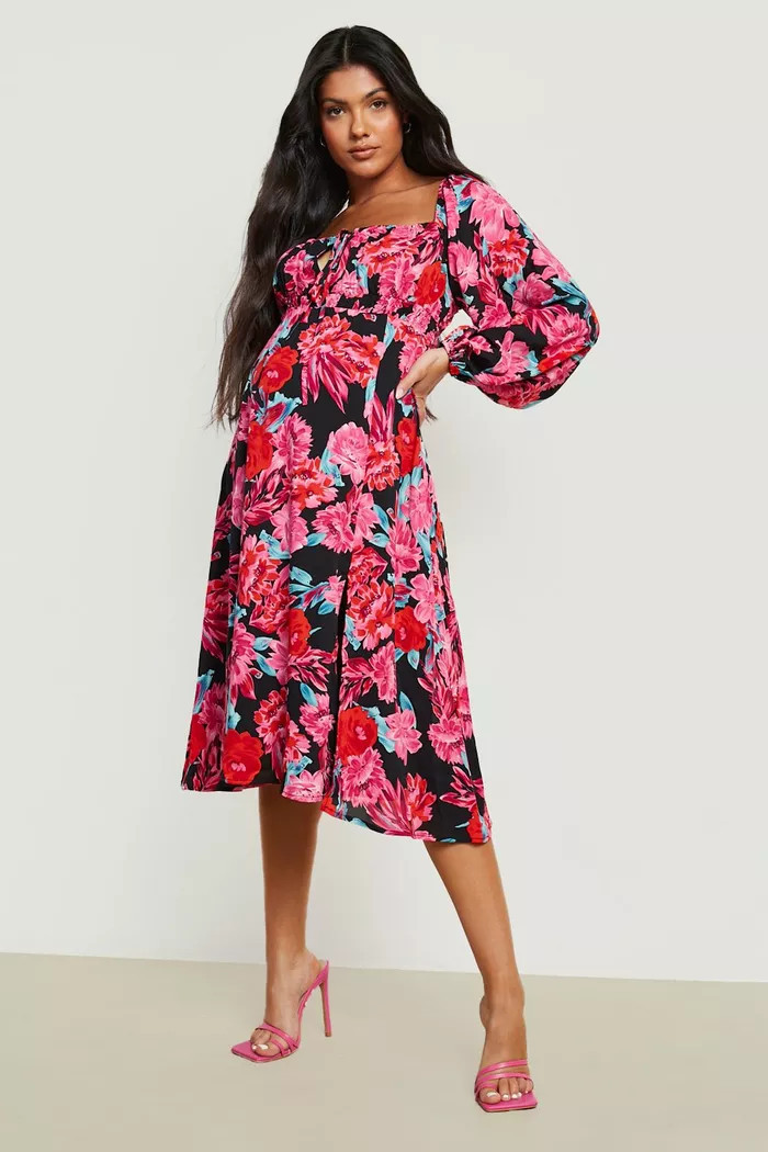 Maternity Floral Square Neck Skater Dress | Boohoo.com (US & CA)