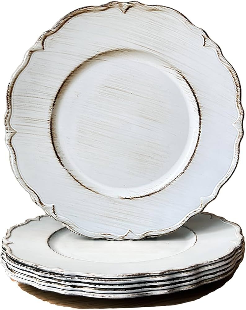 Antique White Charger Plates, 13" Round Chargers for Dinner Plates, Set of 6 Plastic Plate Charge... | Amazon (US)