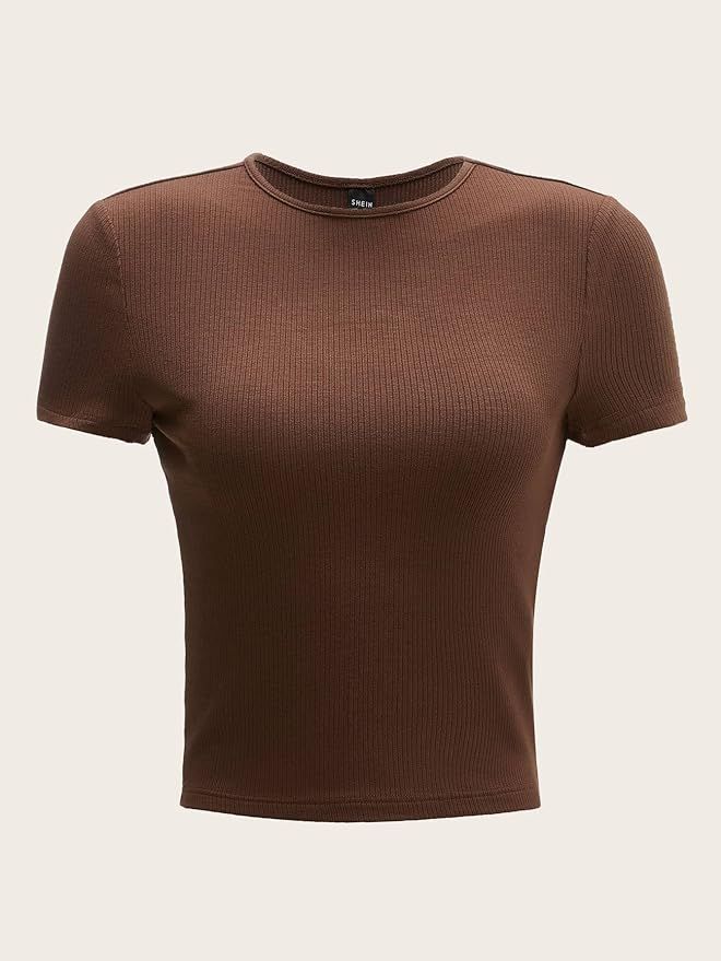 Women's T-Shirt Solid Rib-Knit Tee T-Shirt for Women (Color : Rust Brown, Size : X-Small) | Amazon (US)