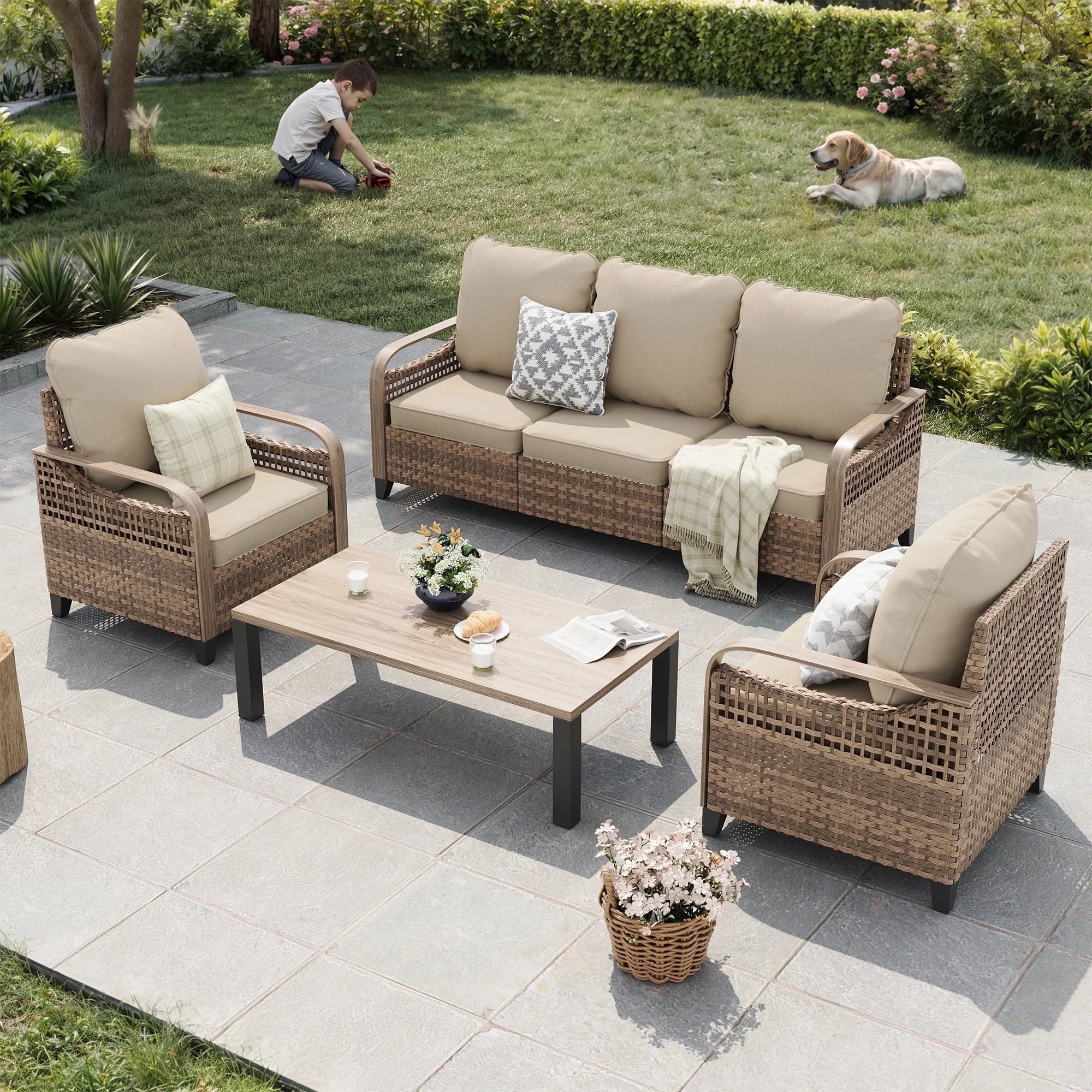 ELPOSUN 5-Seat Outdoor Patio Furniture Set - Modular Wicker Sectional Sofa & Thickened Cushions f... | Walmart (US)
