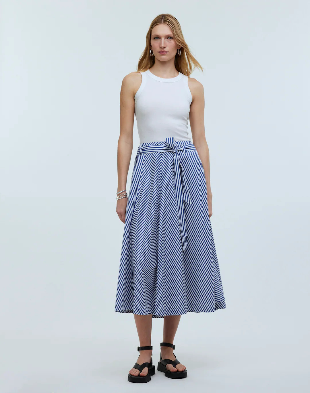 Poplin Flared Midi Skirt in Stripe | Madewell