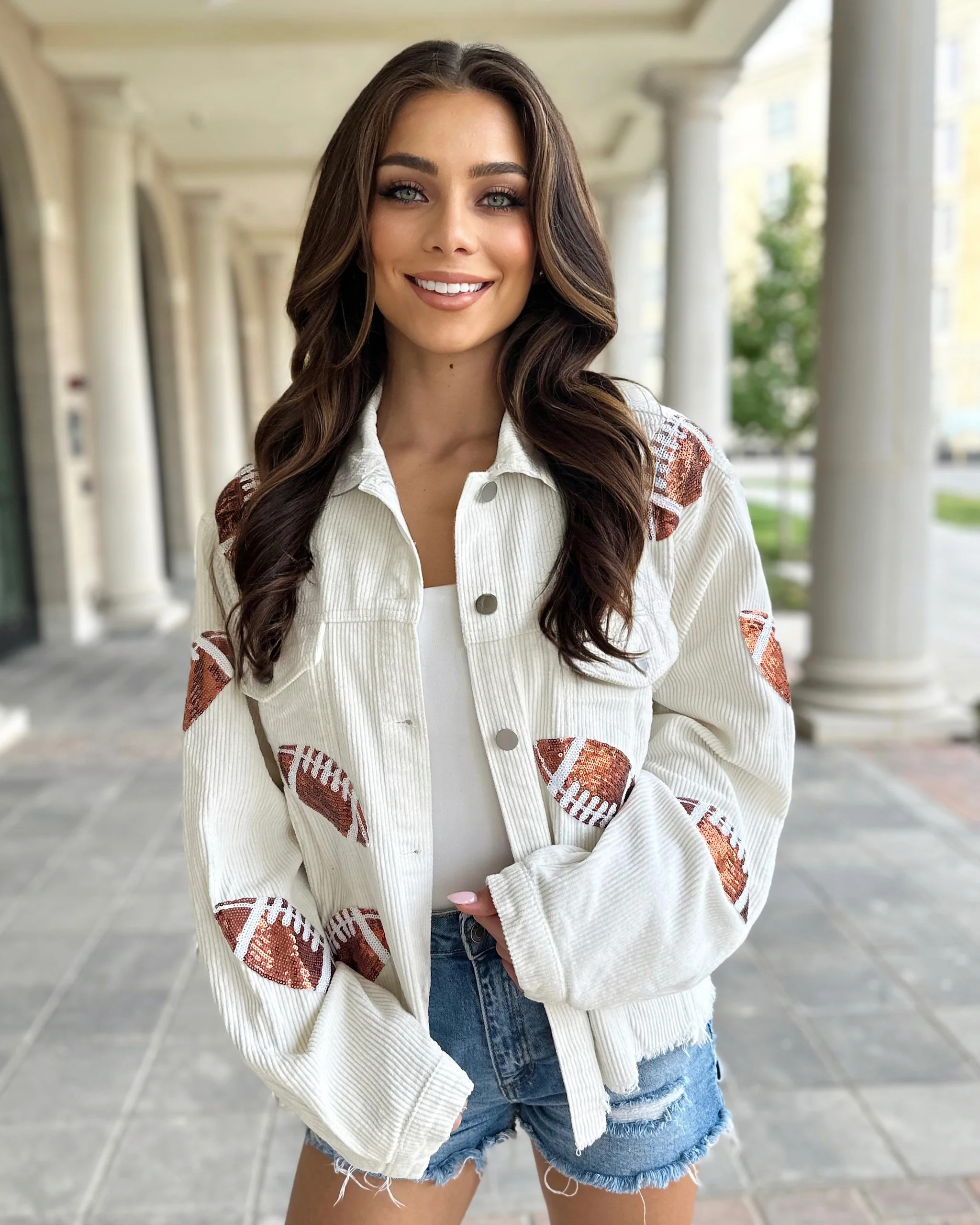 Cream Corduroy Sequin Football Cropped Jacket | Live Love Gameday®
