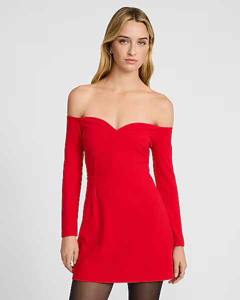 Crepe Off The Shoulder Sweetheart Long Sleeve Mini Dress | Express