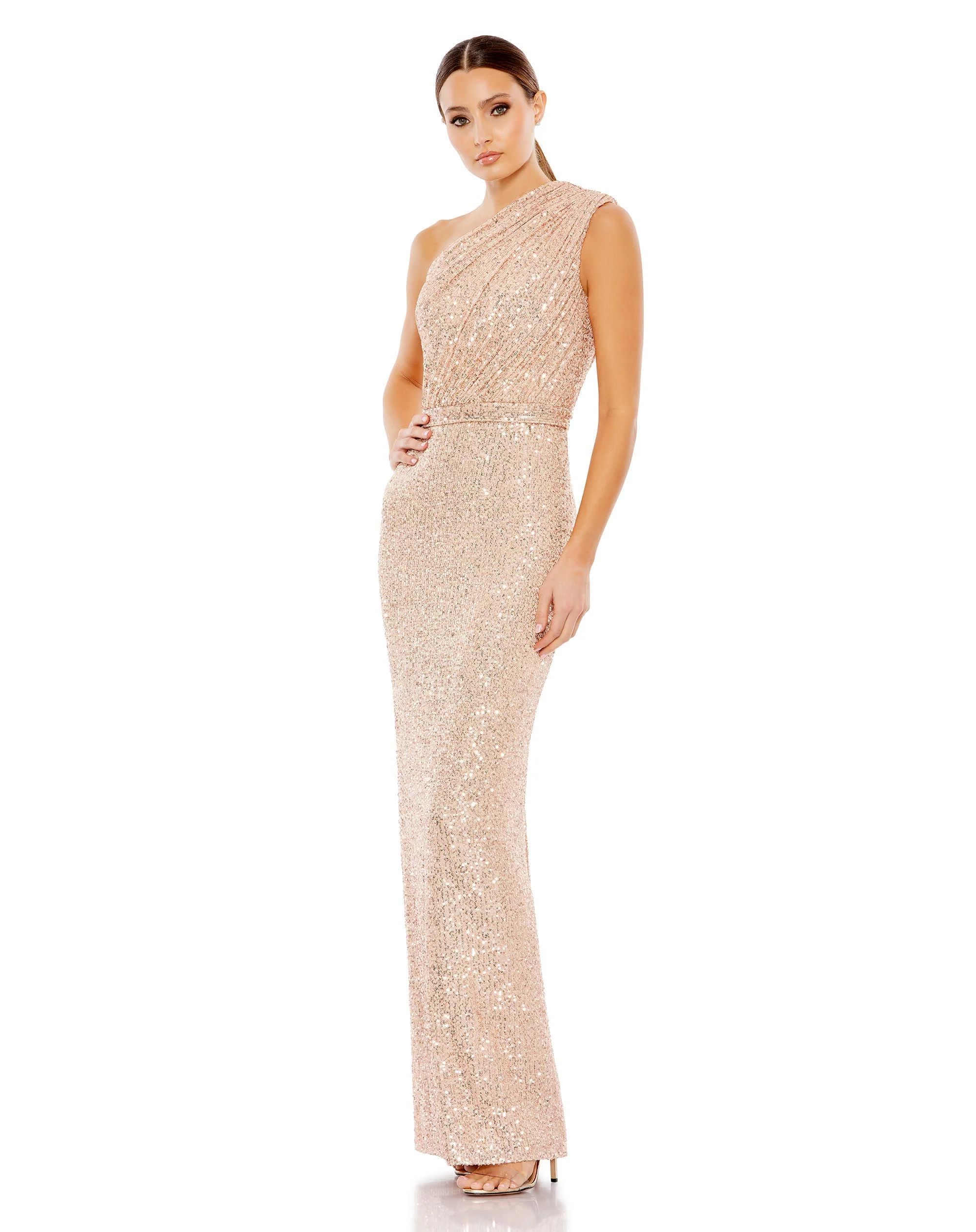 Sequined Ruched One Shoulder Gown | Mac Duggal