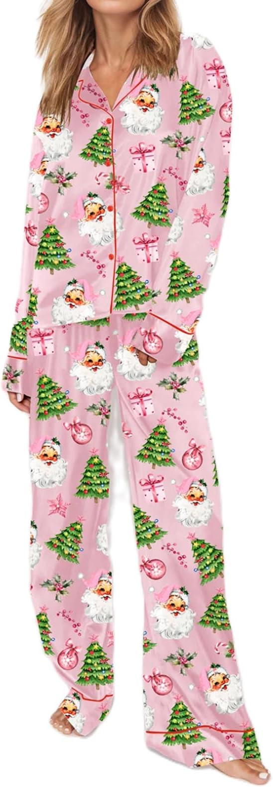 Y2k Women Silk Christmas Pajamas Stain Long Sleeve Button Down Shirt Pants 2 Piece Lounge Set Sle... | Amazon (US)