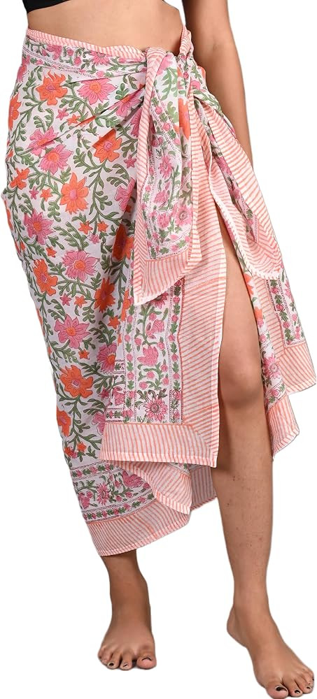 100% Cotton Hand Block Printed Sarong Womens Swimsuit Wrap Cover Up, Beach Bikini Skirt Pareo Sca... | Amazon (US)