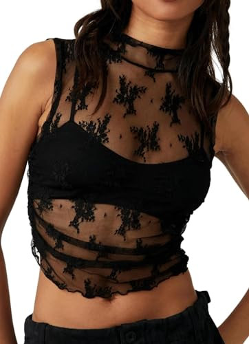 Womens Sheer Mesh Tank Tops Sleeveless Lace Shirt Y2k Sexy See Through Floral Mock Neck Crop Top Going Out Ruched Layering Tee Blouse Black | Amazon (US)
