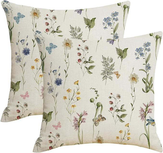 Spring Summer Floral Pillow Covers 18x18 Inch Sage Green Wildflower Leaf Herbs Throw Pillows Cove... | Amazon (US)