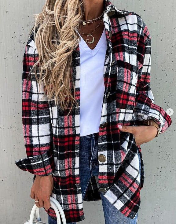 Womens Plaid Jacket Long Sleeve Lapel Button-Down Shirts Shacket Coat | Walmart (US)