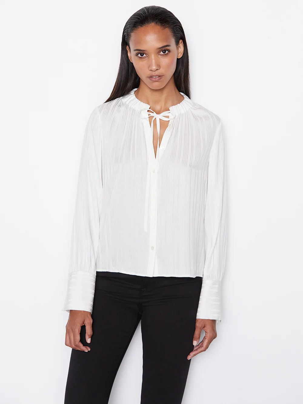 Shirred Neck-Tie Blouse -- Off White | Frame Denim