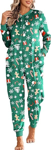 Ekouaer Christmas Women One Piece Pajamas Fleece Plaid Onesie Sleepwear Zipper Jumpsuit with Pock... | Amazon (US)