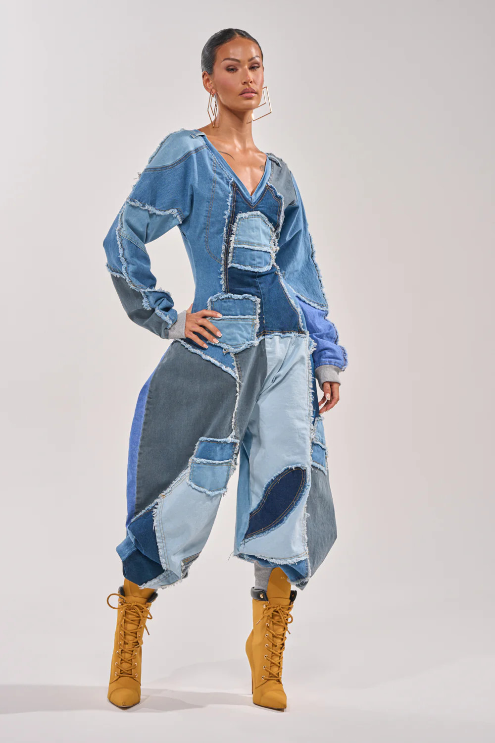 COMFY COZY JUMPSUIT IN DENIM PATCHWORK | AKIRA