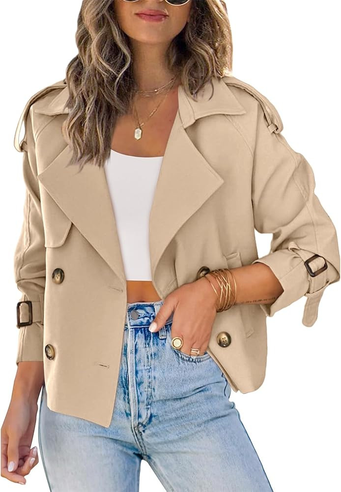 Saodimallsu Women Crop Double Breasted Trench Coat Raglan Sleeve Work Office Cropped Jacket With ... | Amazon (US)