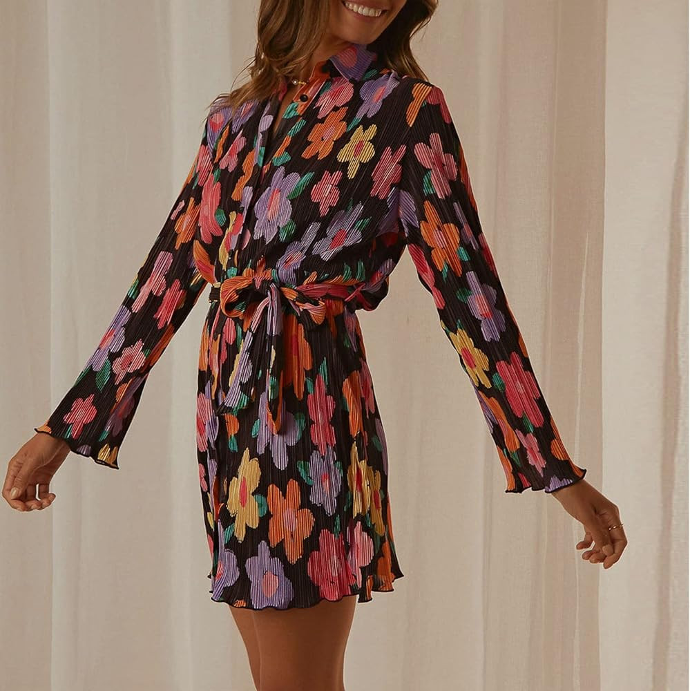 ABYOVRT Women Shirt Dresses Long Sleeve Pleated Mini Dress Casual Button Down Tunic Tops with Belt V | Amazon (US)