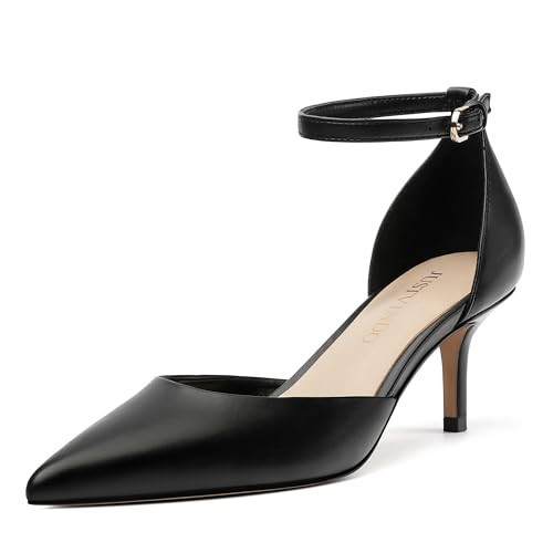 JUSTVINDO Women's Pumps, Pointed Closed Toe Black Kitten Stiletto Heels for Women, Comfortable Women's Dress Shoes Mid Heel with Ankle Strap | Amazon (US)