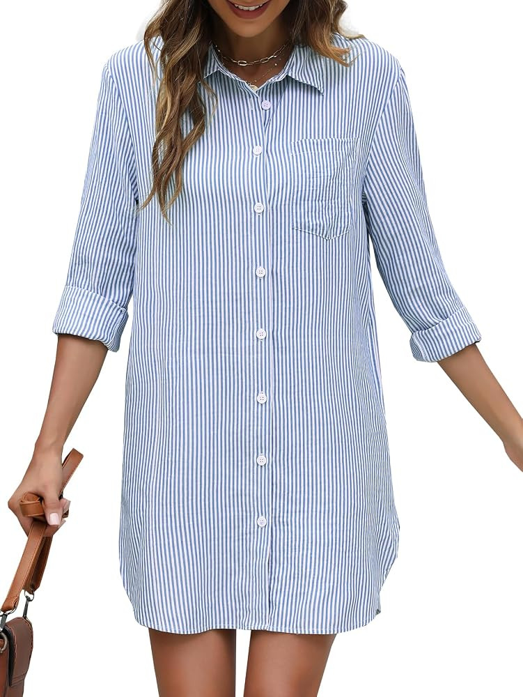 1212 LAKE + WOLFE Women's Button Down Shirt Dress with Pockets Striped Long Sleeve Tunic Shirt Dr... | Amazon (CA)