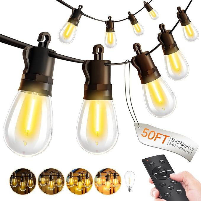 Outdoor String Lights Patio LED - Light Outside 50Ft 15M Waterproof Remote Dimmable S14 Porch Lig... | Amazon (US)