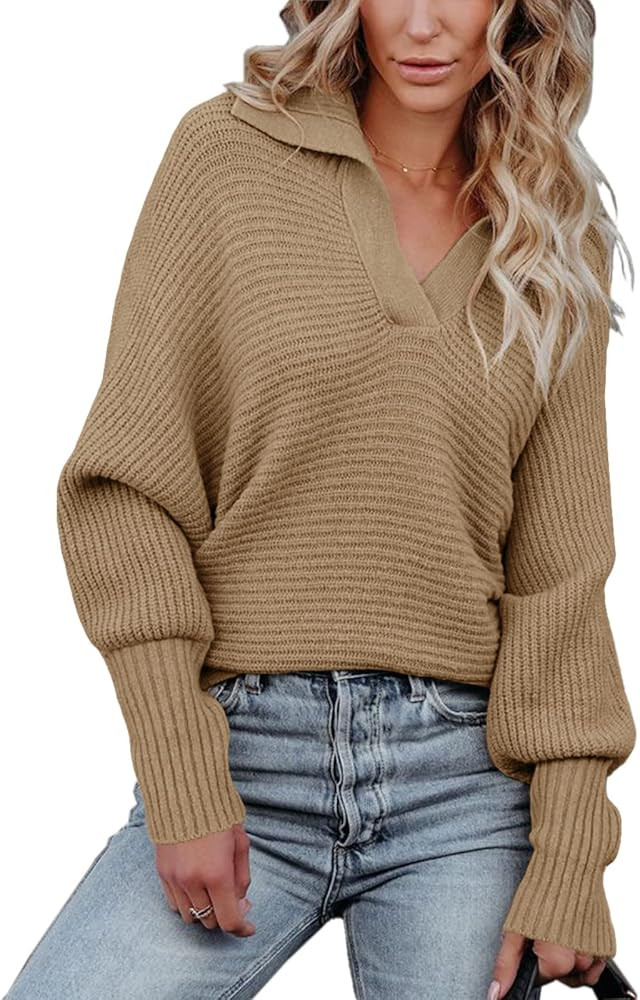 Womens Long Sleeve Knit Sweaters V Neck Collared Batwing Pullover Sweater Casual Loose Ribbed Jum... | Amazon (US)