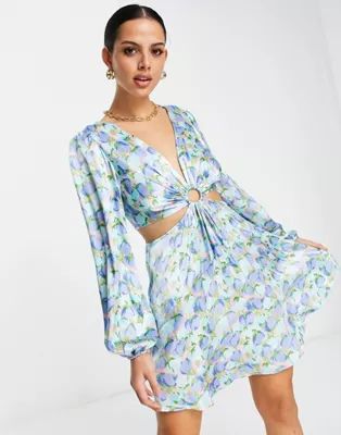 Topshop ring detail cut-out satin balloon sleeve floral mini dress in blue | ASOS (Global)