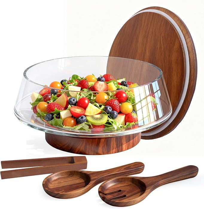 Airsent Extra Large Glass Salad Bowl with Lid Set, 5-Qt (160 fl oz) Mixing/Serving Bowl with Wood... | Amazon (US)