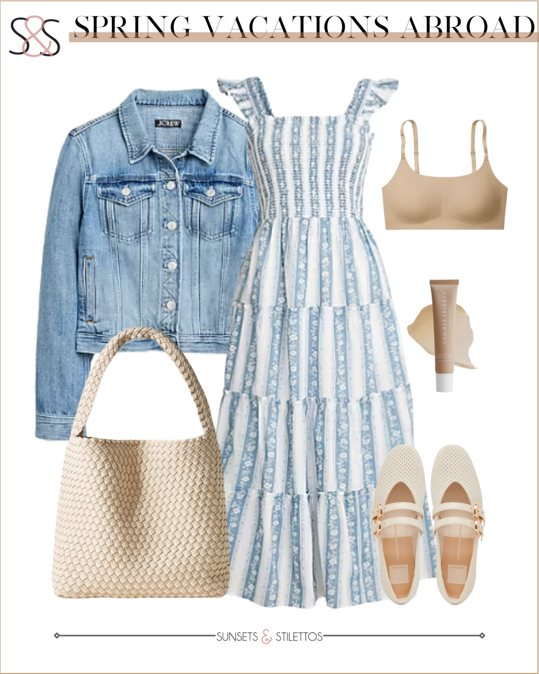 This look is made for spring travel. The smocked sundress is equal parts comfy and pretty, and the denim jacket makes it easy to wear in shifting temps. Add in neutral accessories to keep it polished and practical.

Sunsets and Stilettos spring travel outfit smocked sundress denim jacket outfit vacation outfit ideas feminine style neutral accessories spring wardrobe travel style Europe outfit ideas

#LTKSeasonal #LTKOver40 #LTKStyleTip
