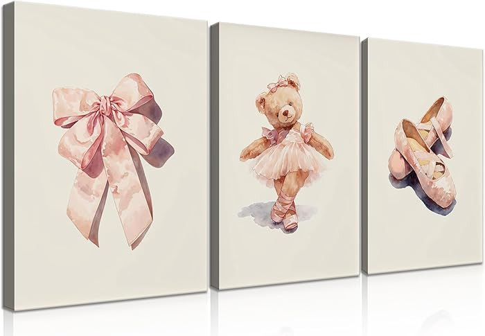 3Pcs Teddy Bear Themed Children's Room Wall Art Cute Teddy Bear Dancing Bow Ballet Shoes Neutral ... | Amazon (US)