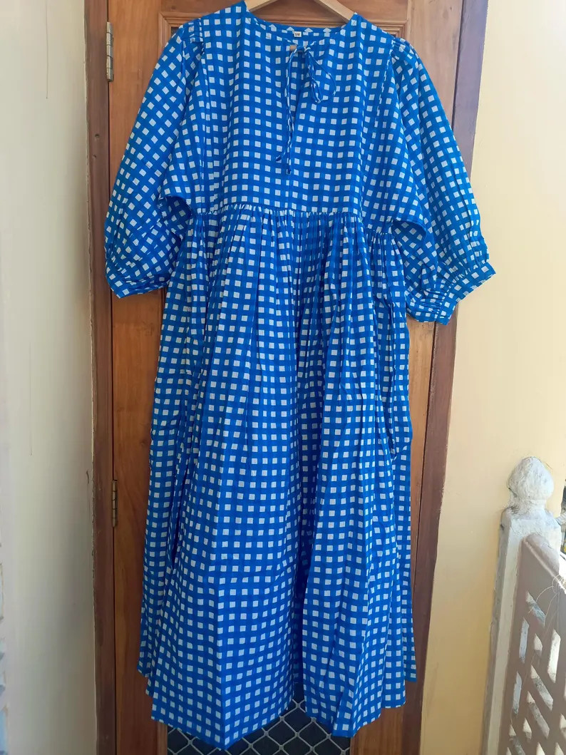 Blue Block Print Midi Dress, Mini Dress, Striped Long Block Print Check Dress, Deep Neck With Str... | Etsy (US)
