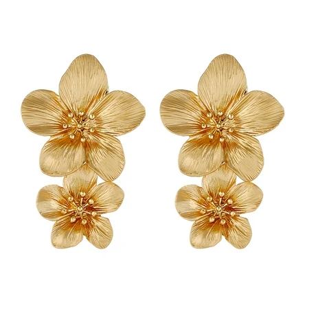 Grandest Birch Sweet Women Solid Color Dual Flower Long Dangle Stud Earrings Party Jewelry Alloy Gold | Walmart (US)