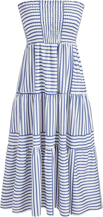 CIDER Summer Dress Strapless Tube Midi Flowy Dresses Striped Shirred Maxi Skirt 2025 | Amazon (US)
