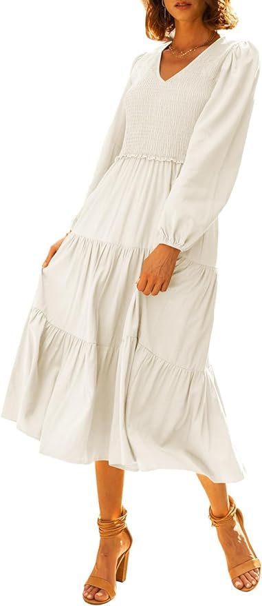 Theenkoln Womens Casual Boho Dress: Long Sleeve V Neck Smocked Tiered Fall Knee Length Flowy Maxi... | Amazon (US)