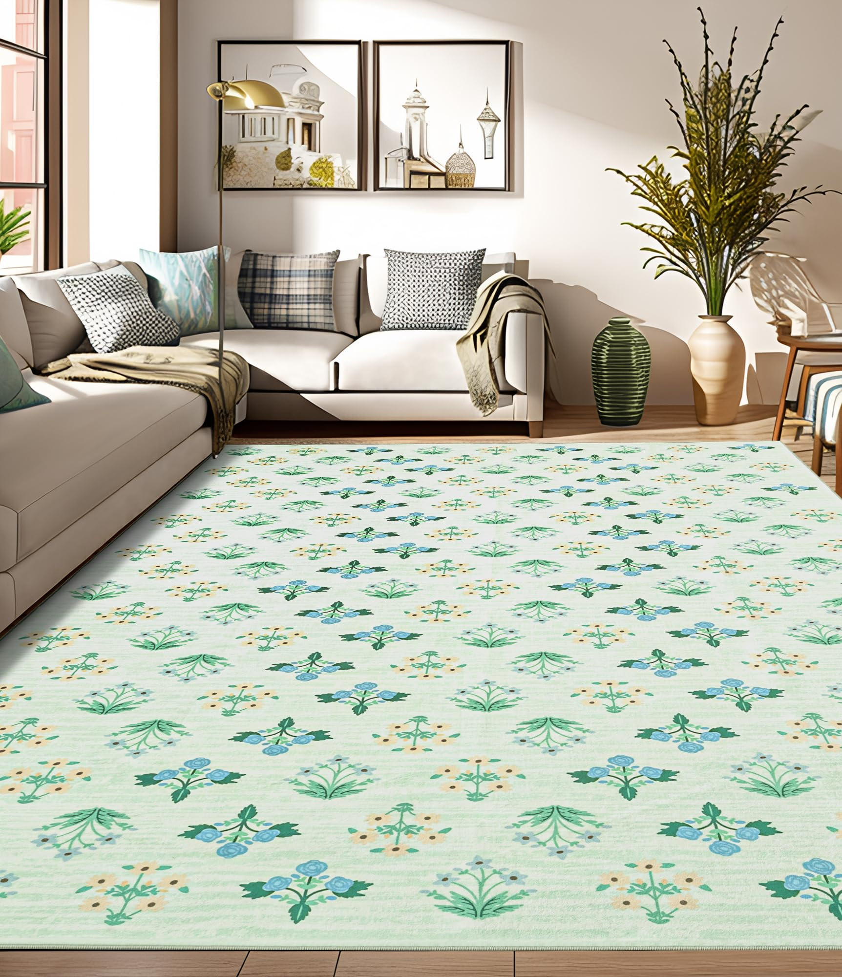 YIHOUSE Floral Beige Washable Area Rug 8'x10' - Large Colorful Living Room Rug Ultra-Thin Non-Sli... | Amazon (US)