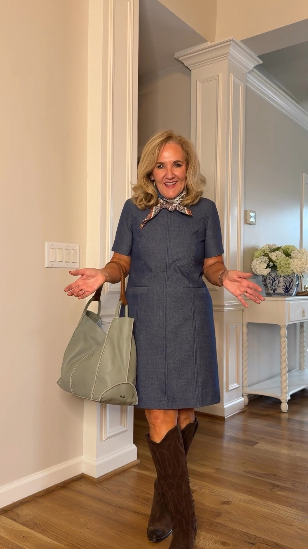 Tap the bell 🔔, heart ❤️ this post, and save for later!

This classic blue shift dress gets an instant style update with a pretty printed scarf and tall brown boots. It’s a polished, easy look that works beautifully for fall.

Size note: I'm wearing a size 6

#LTKootd #LTKWorkwear #LTKOver40