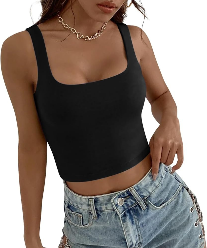 Sweet Hearts Crop Top for Women- Sleeveless Double Layer Square Neck Tank Workout Fitness Casual ... | Amazon (US)
