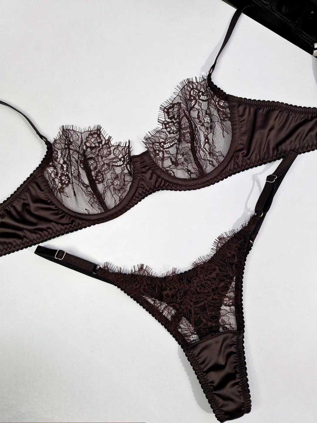 Handmade Chocolate Satin&lace Lingerie Set, Bra and Thong, Custom Size Underwear - Etsy | Etsy (US)