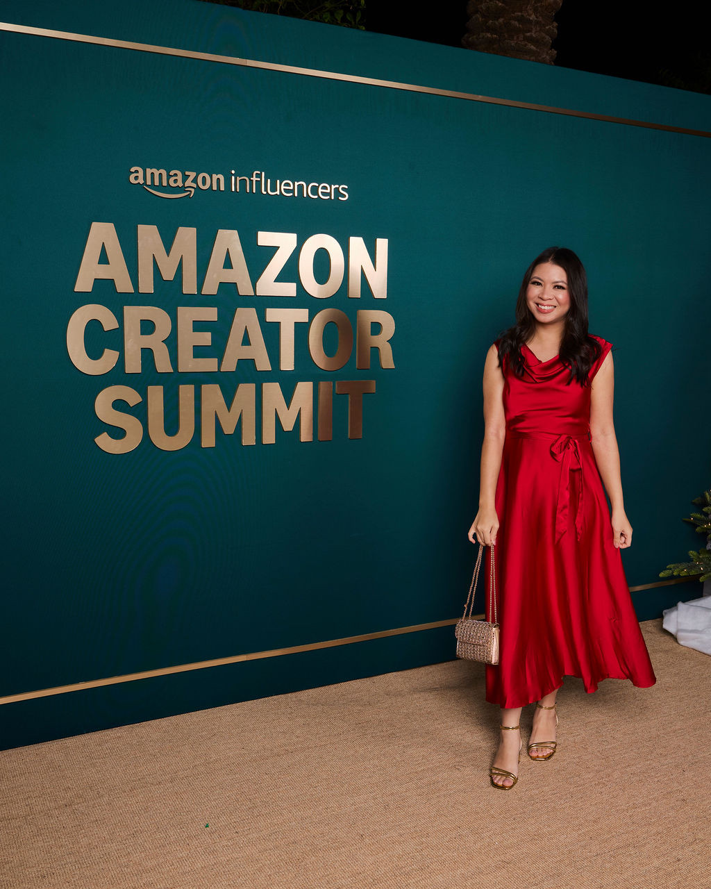 Amazon Red holiday dress with a gold bag and sandals!